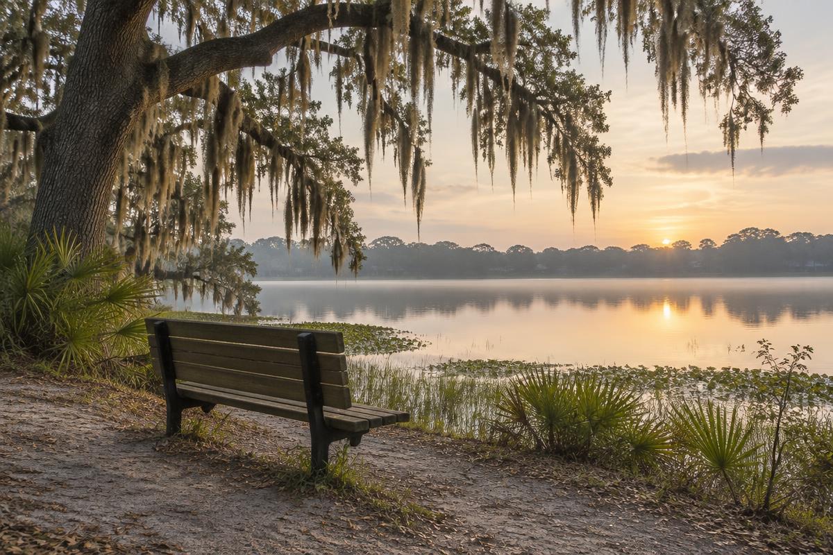 A quiet lakeside path with a bench in soft morning light.