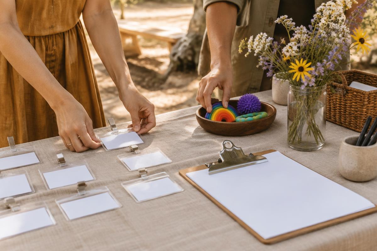 Hands setting up a welcome table with name tags and fidget toys.