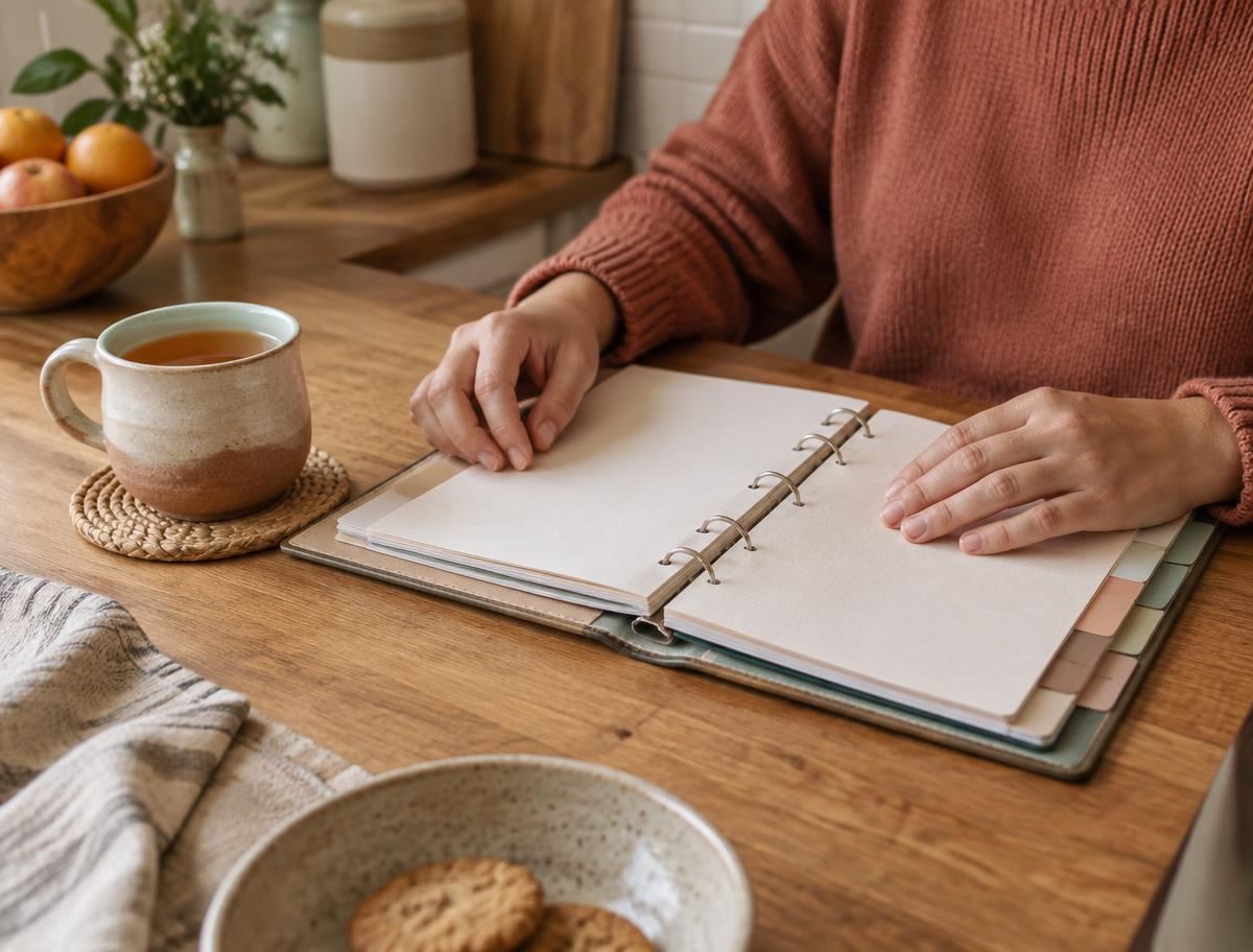 Hands resting on an organized binder of paperwork at a kitchen table.